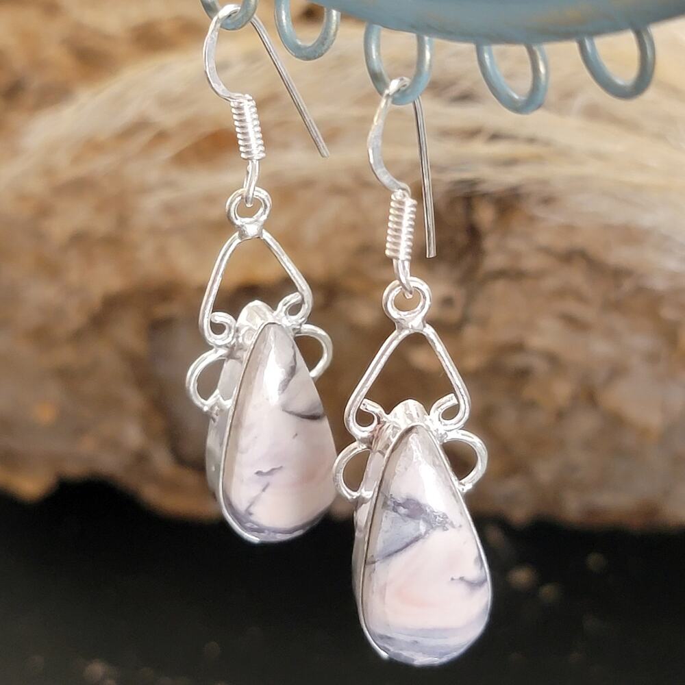 Sterling Silver Marble Teardrop Dangle Earrings Handmade 1.44 Inch Stone Drops - Picture 2 of 9